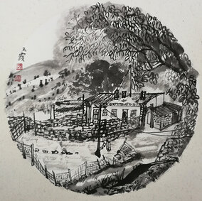 樊玉霞作品2  吉忽伦图白菜沟001《陕北人家》圆卡38X38cm 2019年